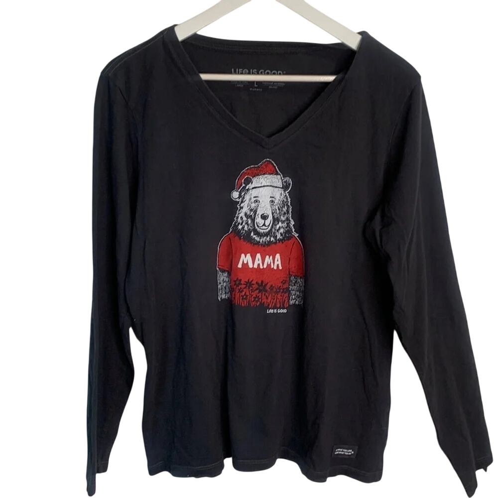 Life is Good Women V-neck Crusher Mama Bear Holiday Long Sleeve Shirt W-130 Sz L